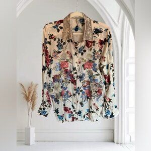 ARATTA SILENT JOURNEY White‎ Floral Bees Embroidered Metallic Blouse Top Shirt S